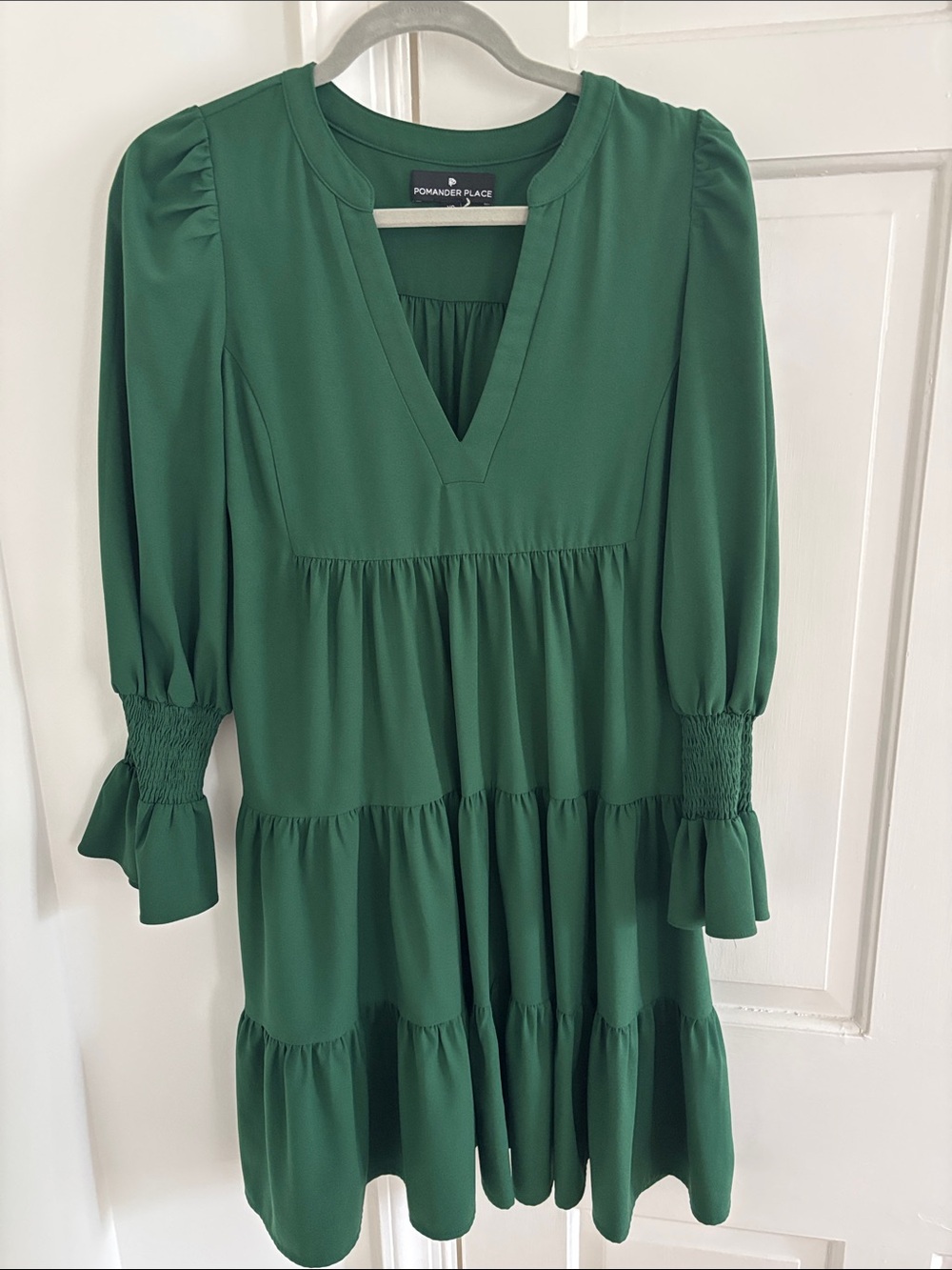Pomander Place Emerald Green V-Neck Tiered Mini Dress